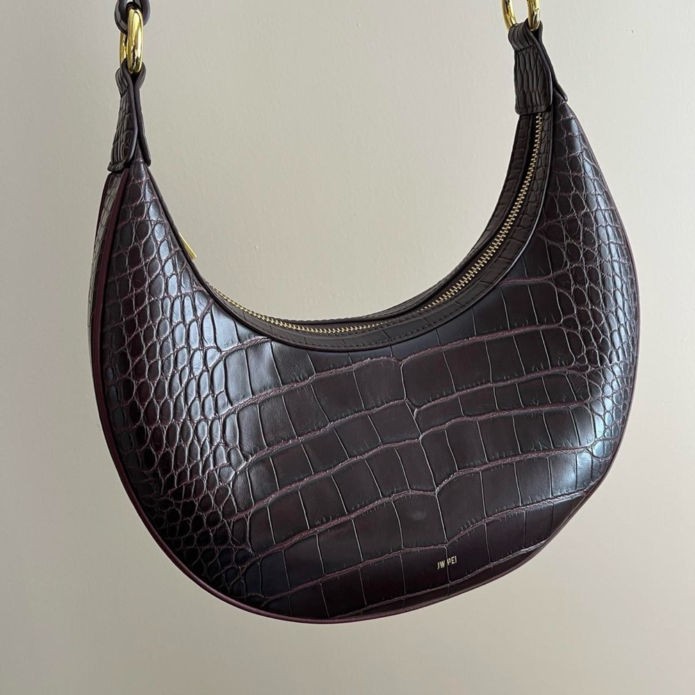 JW Pei Brown Leather Crocodile-Embossed Shoulder Bag
